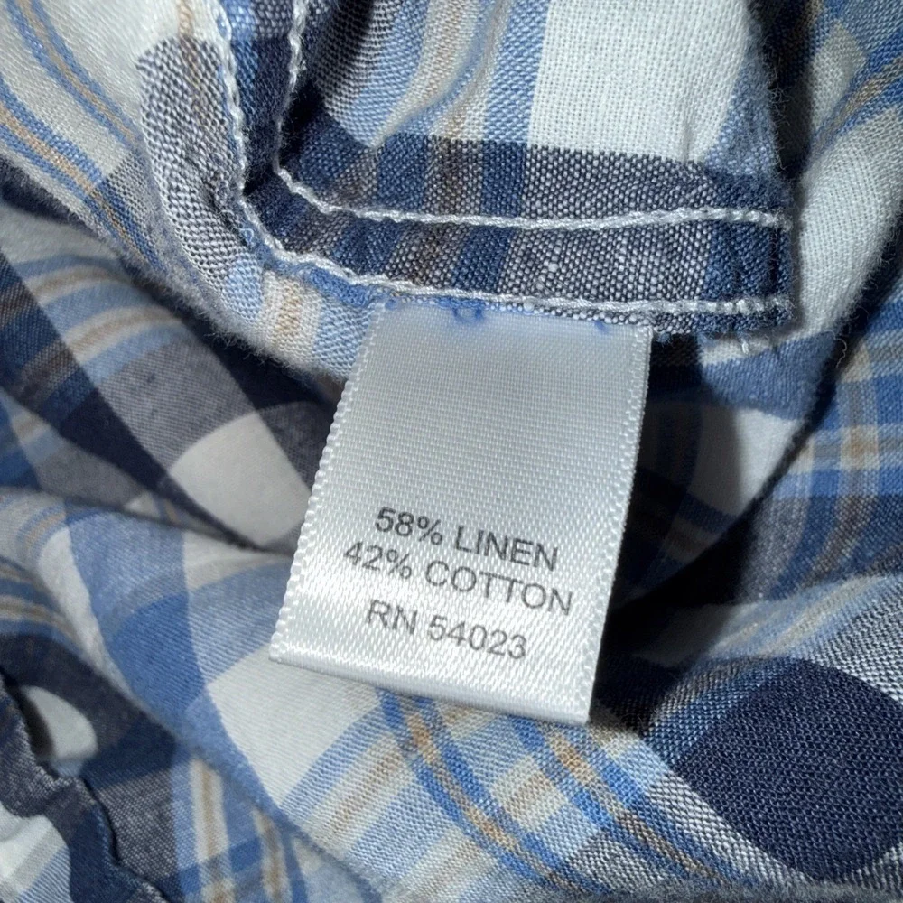 Banana Republic Shirt Men XL Tall Blue Cream Plaid Check Linen Blend Button Down